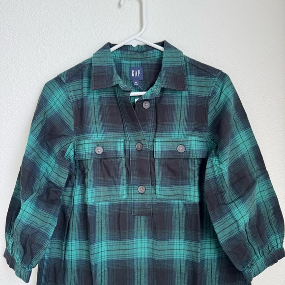 GAP Flannel Utility Mini Shirt Dress NWT in Green & Navy XS - Picture 3 of 13